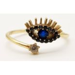 14K YELLOW GOLD SAPPHIRE & DIMAOND EYE RING. SIZE M BUT EXPANDABLE. TOTAL WEIGHT 2 GRAMS