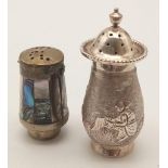 Two Antique Silver Cruets. One, Burmese, with a farm scene decoration. The other, decorated with