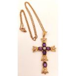 A Vintage Style 14K Yellow Gold, Diamonds and Amethyst Cross on a 14k Yellow Gold Disappearing
