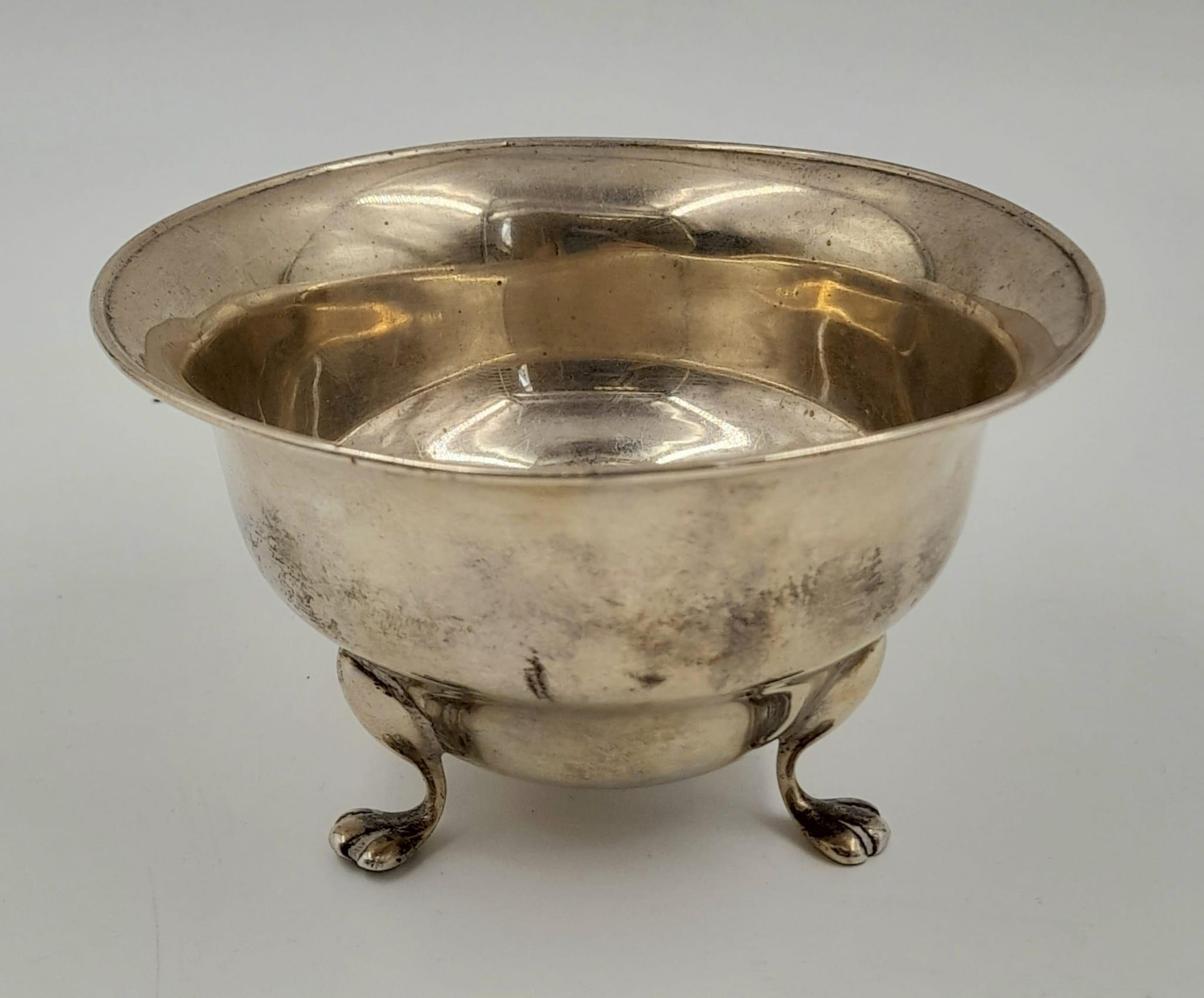 An Antique Solid Silver Bowl with Three Pedestal Lion Feet. Hallmarks for London 1908. 10.5 x 6.5cm.