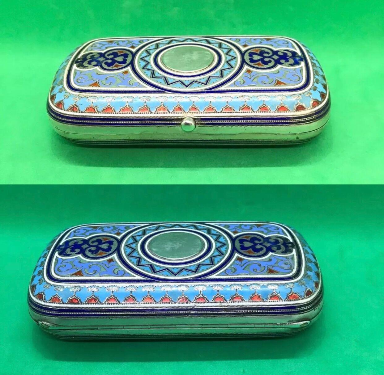 An Antique Imperial Russian Cloisonné Enamel Solid Silver Cigarette case - By well known silversmith - Image 8 of 11