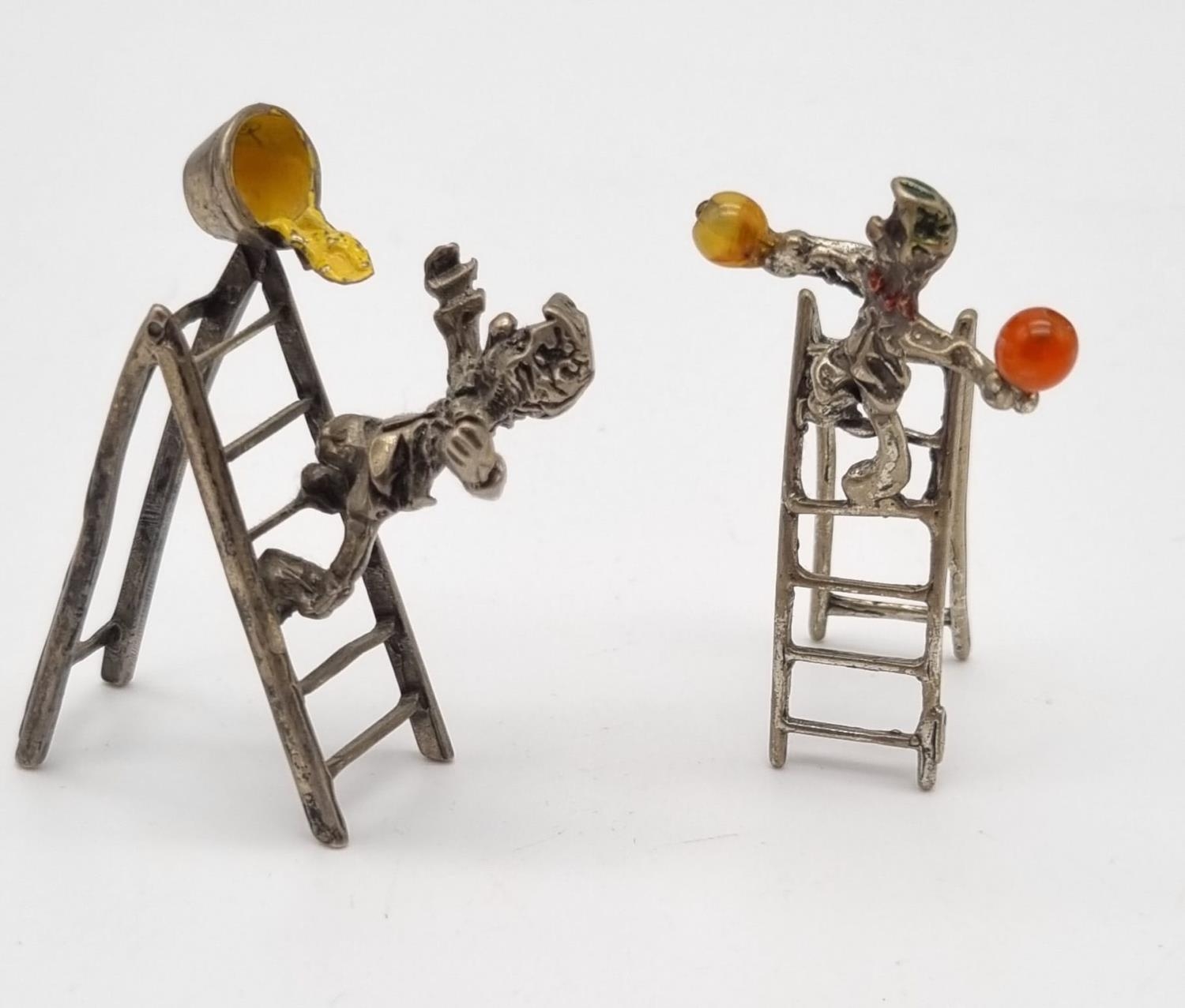 Six Vintage Silver and Enamel Italian Clown Figurines in Various Activities. 77g total weight. - Image 5 of 9