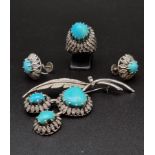 A Vintage Persian 18K White Gold Turquoise and Diamond Jewellery Set. To include: 18K white gold