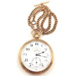 A Vintage Thomas Russell and Sons Gold Plated Pocket Watch - On a gold plated fob. Top winder. In