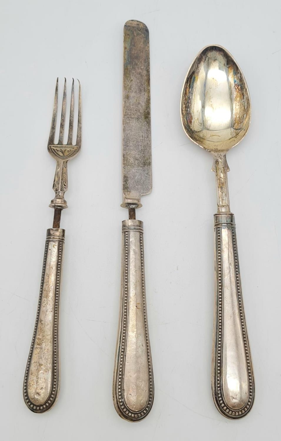 An Antique (mid 19th century) Knife, Fork and Spoon Set. Makers mark for Hilliard and Thomson of - Image 2 of 10