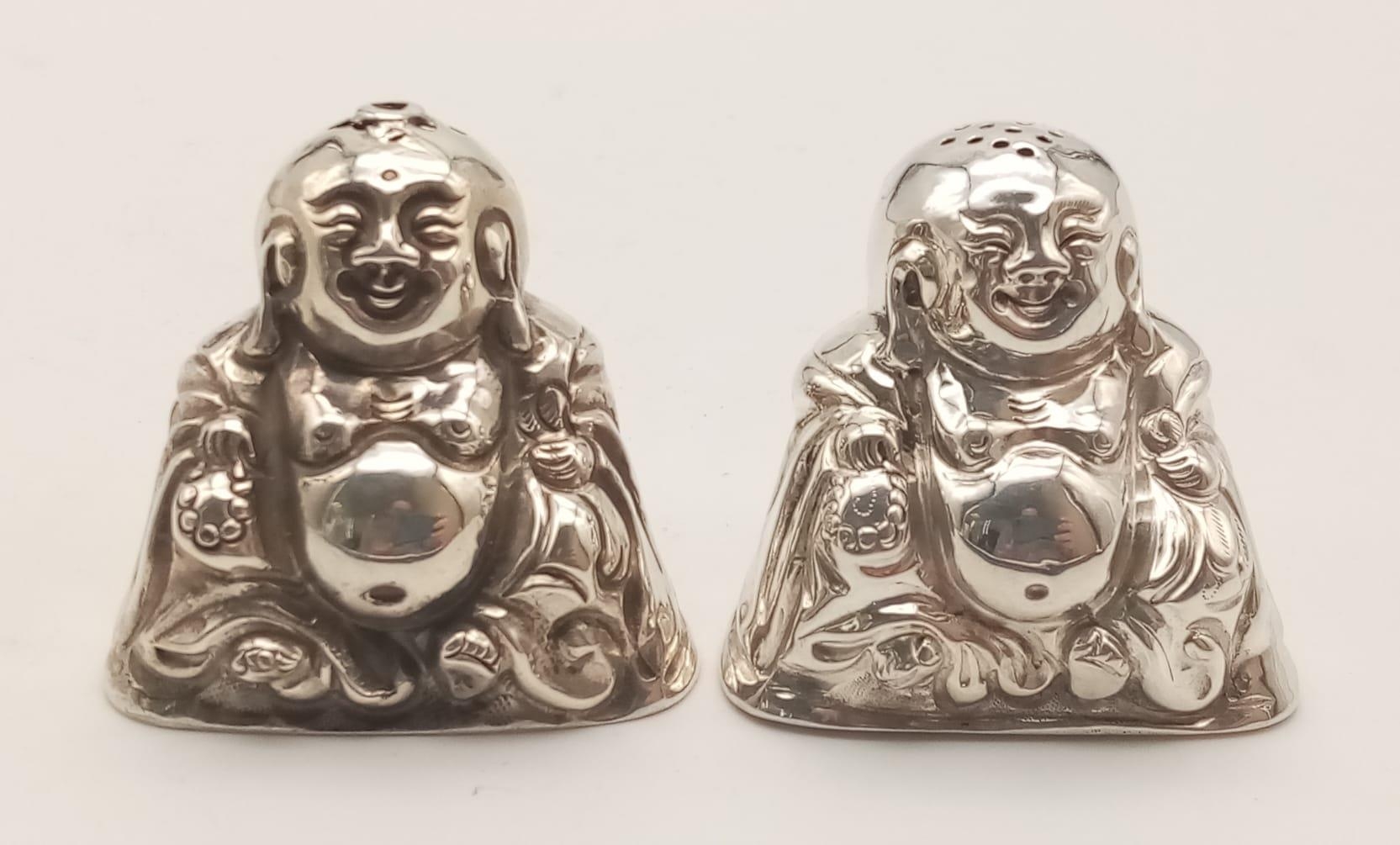 An Antique Chinese Buddha Salt and Pepper Pot. 4.5cm tall. 31.5g total weight.