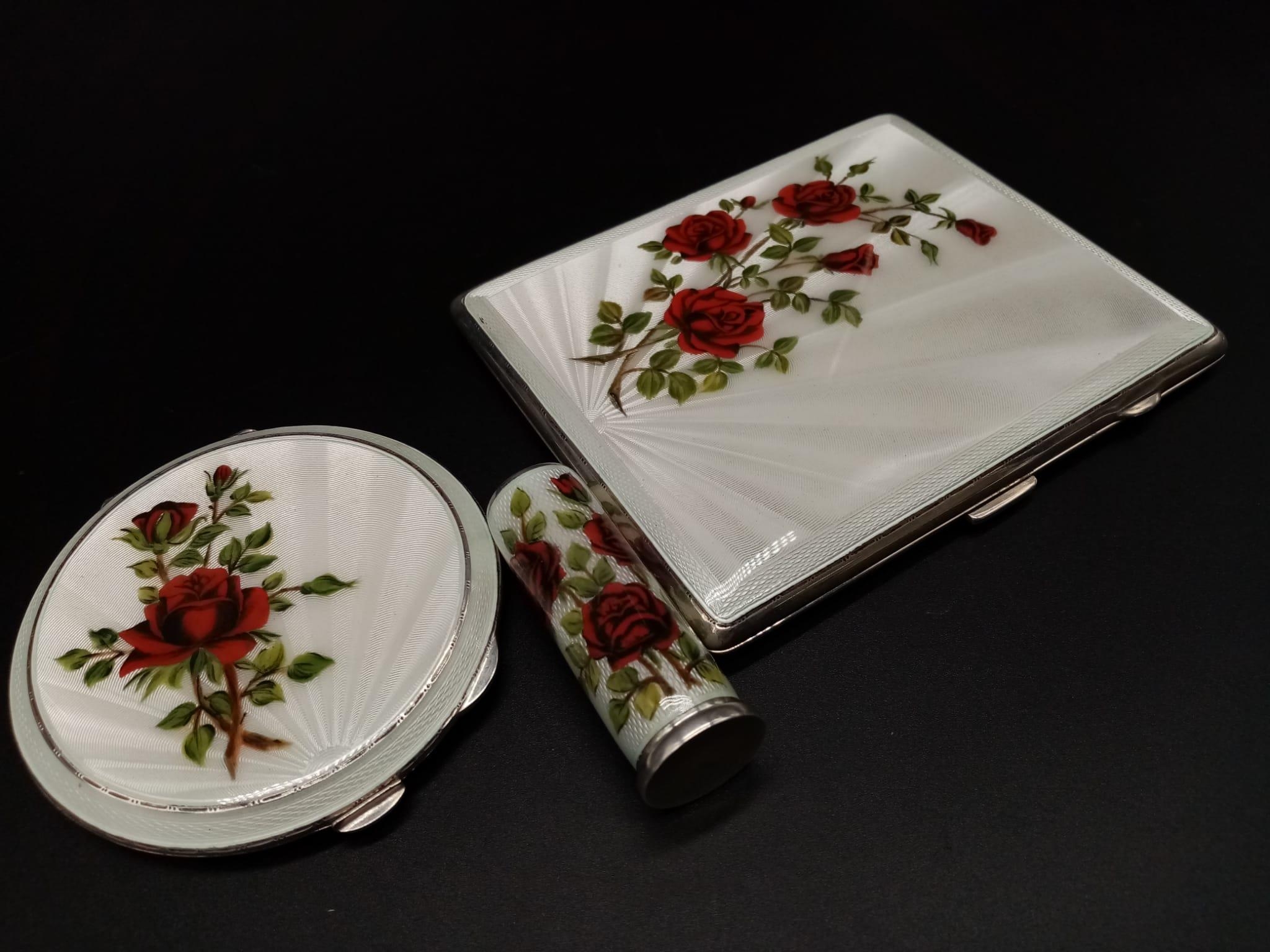 A Vintage but Antique-Styled Enamel and Solid Silver Sophisticated Ladies Set. Comprising of