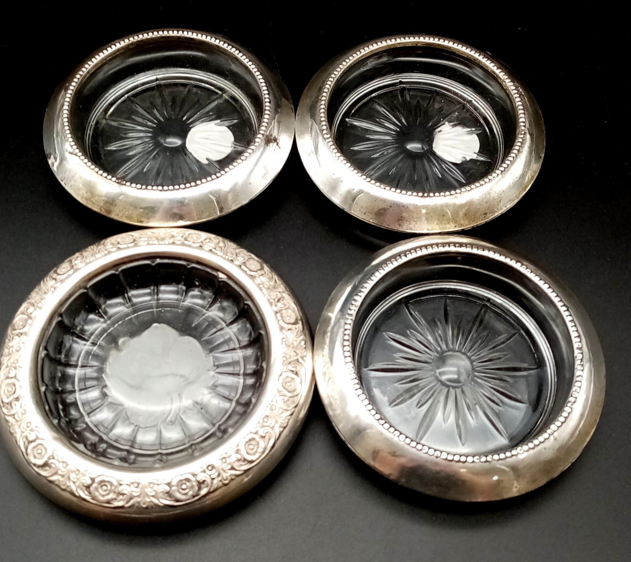 Four Early Sterling Silver and Glass Side-Dishes. 10cm diameter. Good condition.