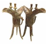 A Pair of Possibly Antique Chinese Bronze Three-Legged Jue Vessels. 21cm tall.