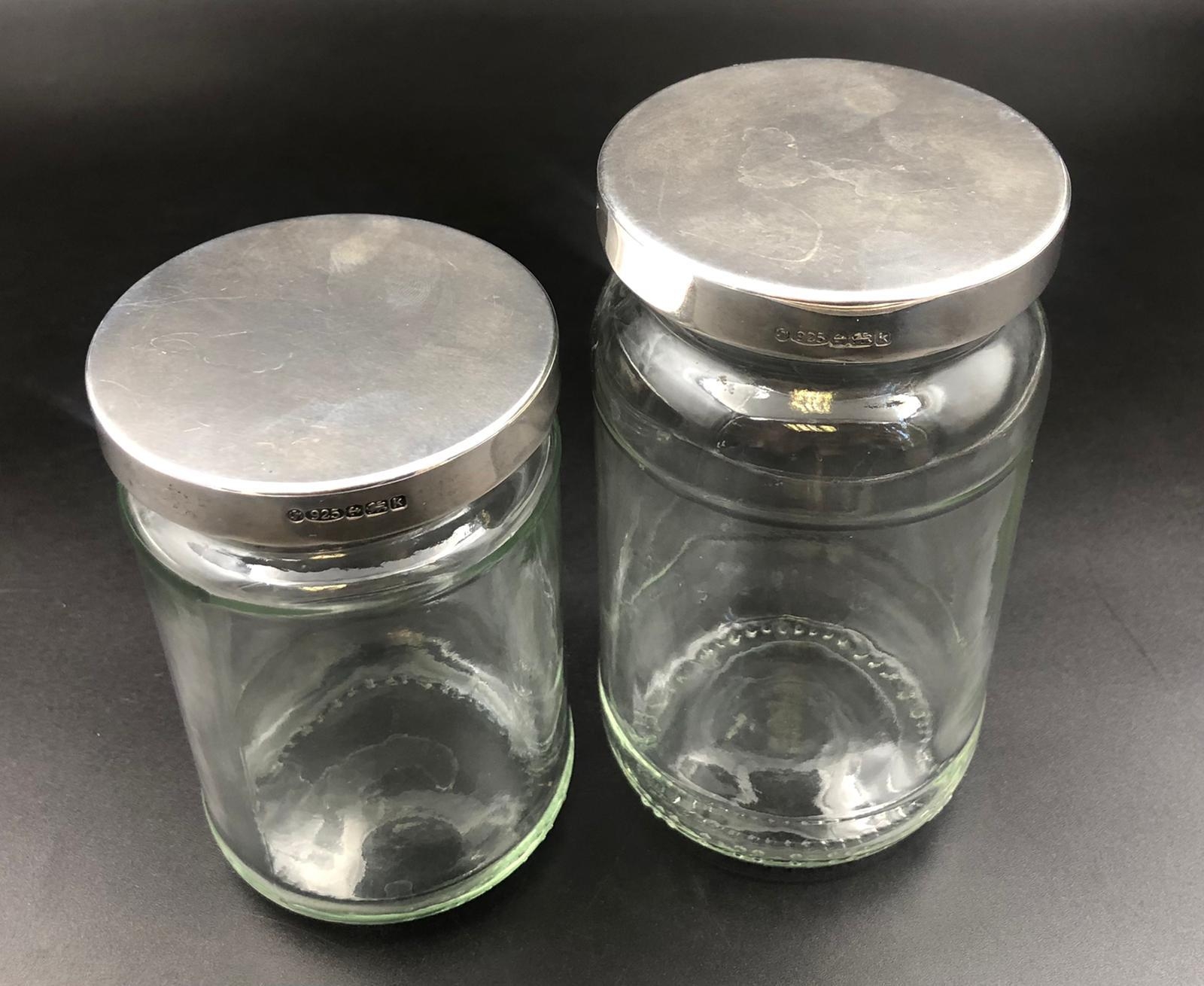 Two Vintage Jam Jars with Solid Silver Lids. Hallmarks for Birmingham 1984, MJ Millington. 73.5g