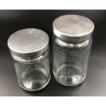 Two Vintage Jam Jars with Solid Silver Lids. Hallmarks for Birmingham 1984, MJ Millington. 73.5g