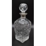 A Vintage Crystal Glass Decanter with Solid Silver Collar. Hallmarks for London, P & W. 29cm