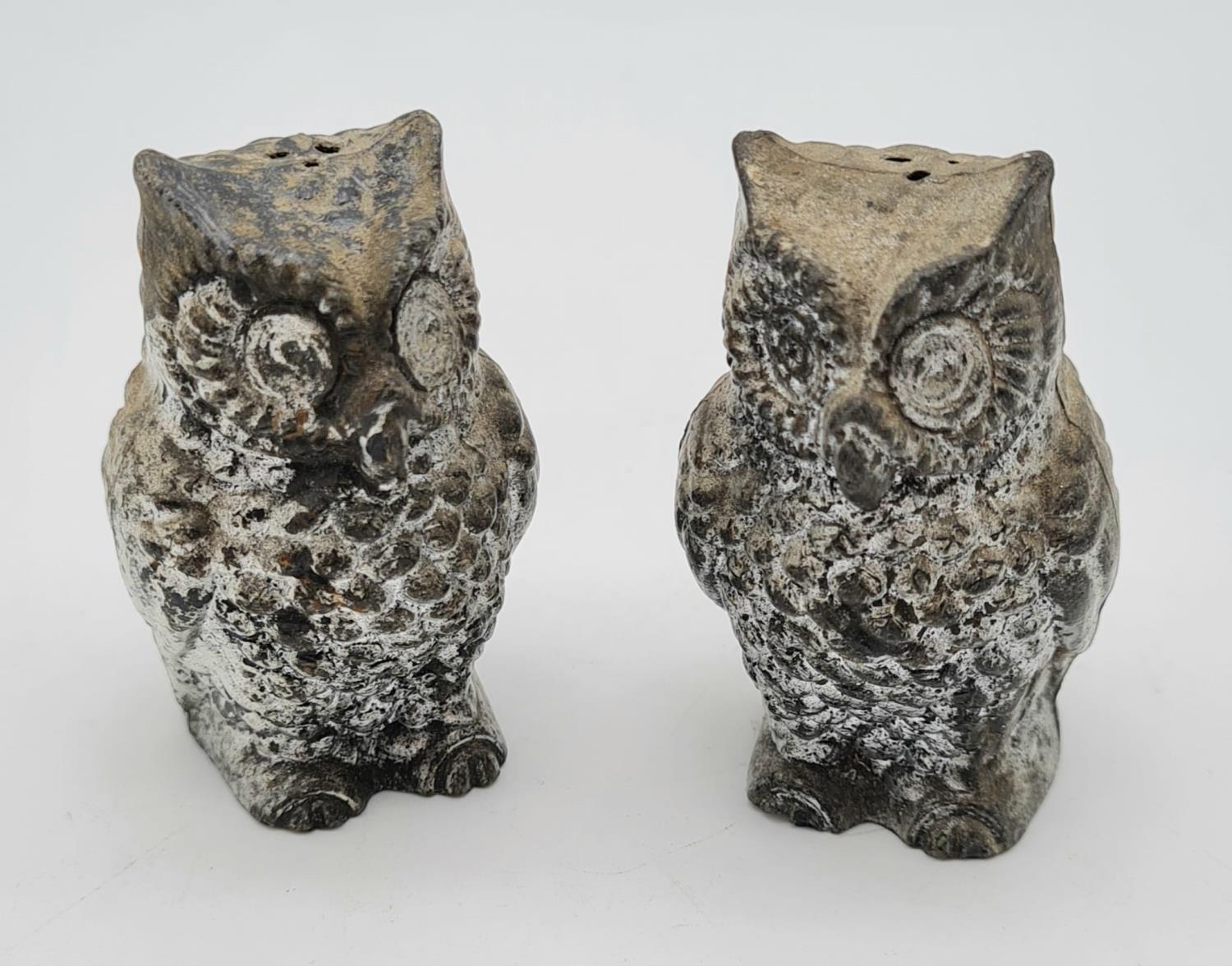 A Pair of 1920s Silver-Plated Owl Figurine Salt and Pepper Shakers. 6cm