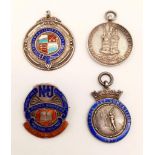 Three Vintage Mixed Solid Silver Enamel Fob Pendants - And One Badge. To include: Temple Cricket