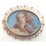An Antique 9K Yellow Gold and Diamond Miniature Portrait of a Beautiful Woman Brooch. In very good