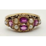 VINTAGE 9K YELLOW GOLD AMETHYST & PEARL RING SIZE 0 1/2. TOTAL WEIGHT 2.3 GRAMS