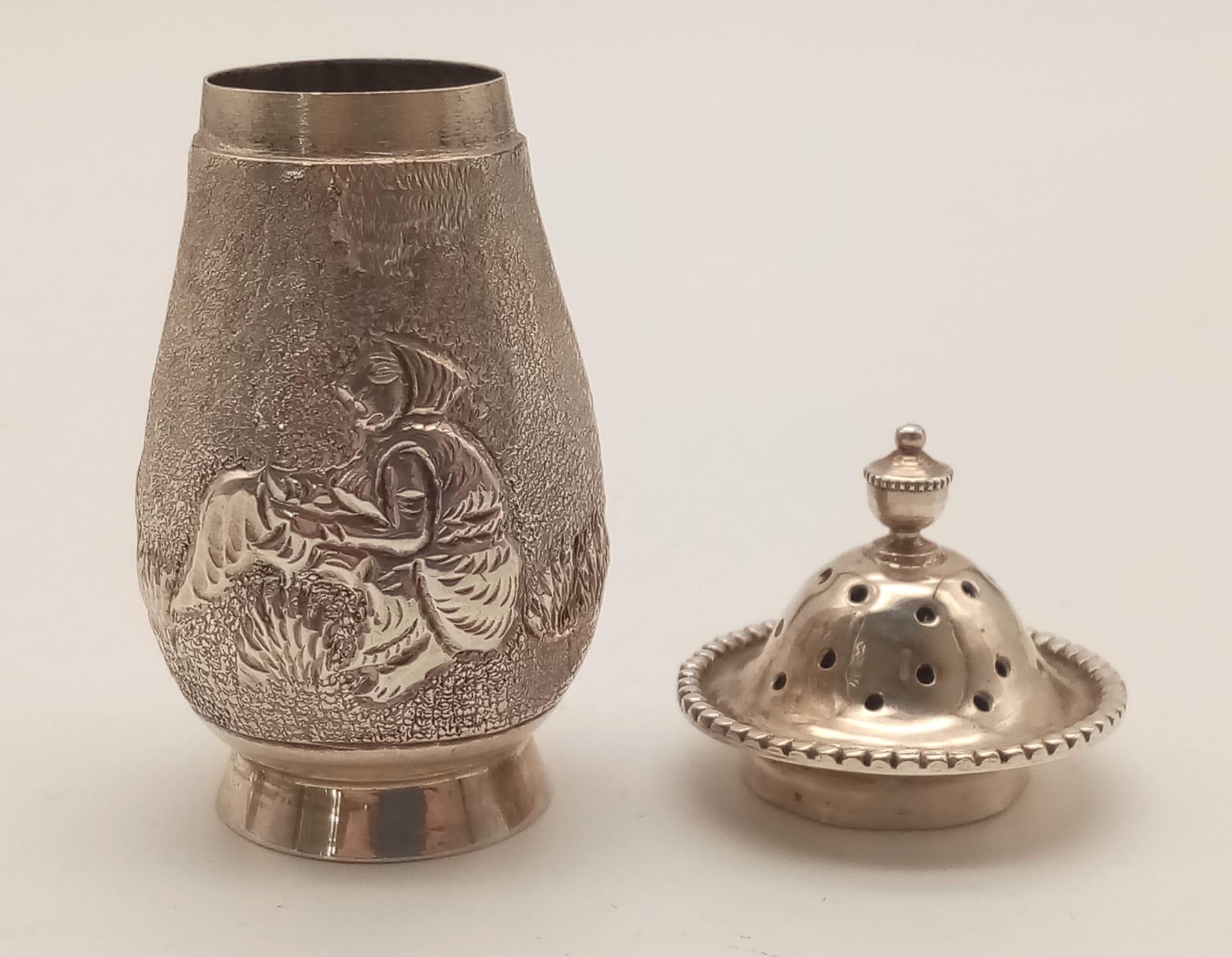 Two Antique Silver Cruets. One, Burmese, with a farm scene decoration. The other, decorated with - Image 4 of 10