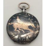 An Antique Solid Silver and Enamel Full Hunter Pocket Watch. 9K yellow gold decoration on case.