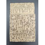 Antique 19th century deep carved ivory card case featuring village scenes and industry. Dimensions