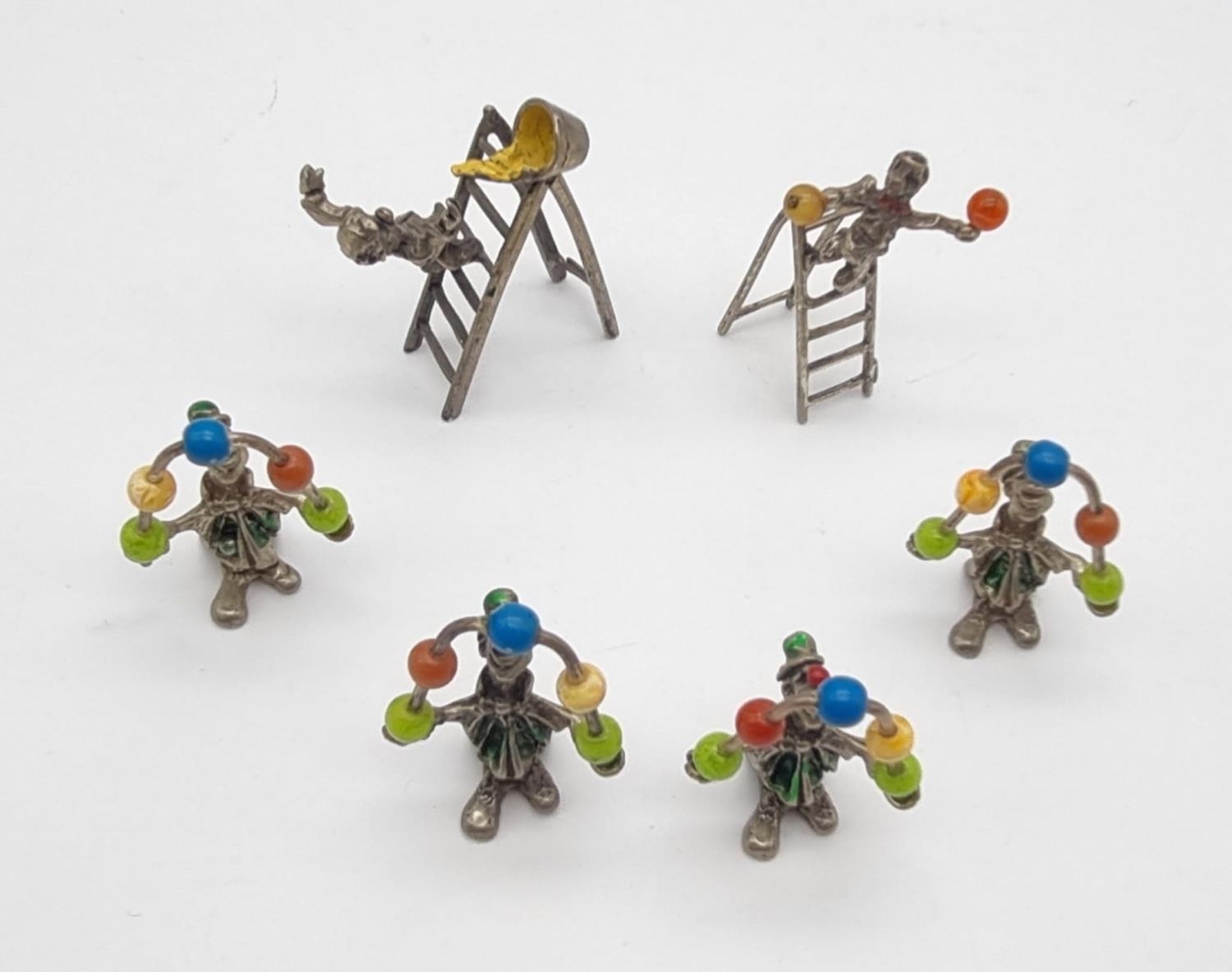 Six Vintage Silver and Enamel Italian Clown Figurines in Various Activities. 77g total weight.