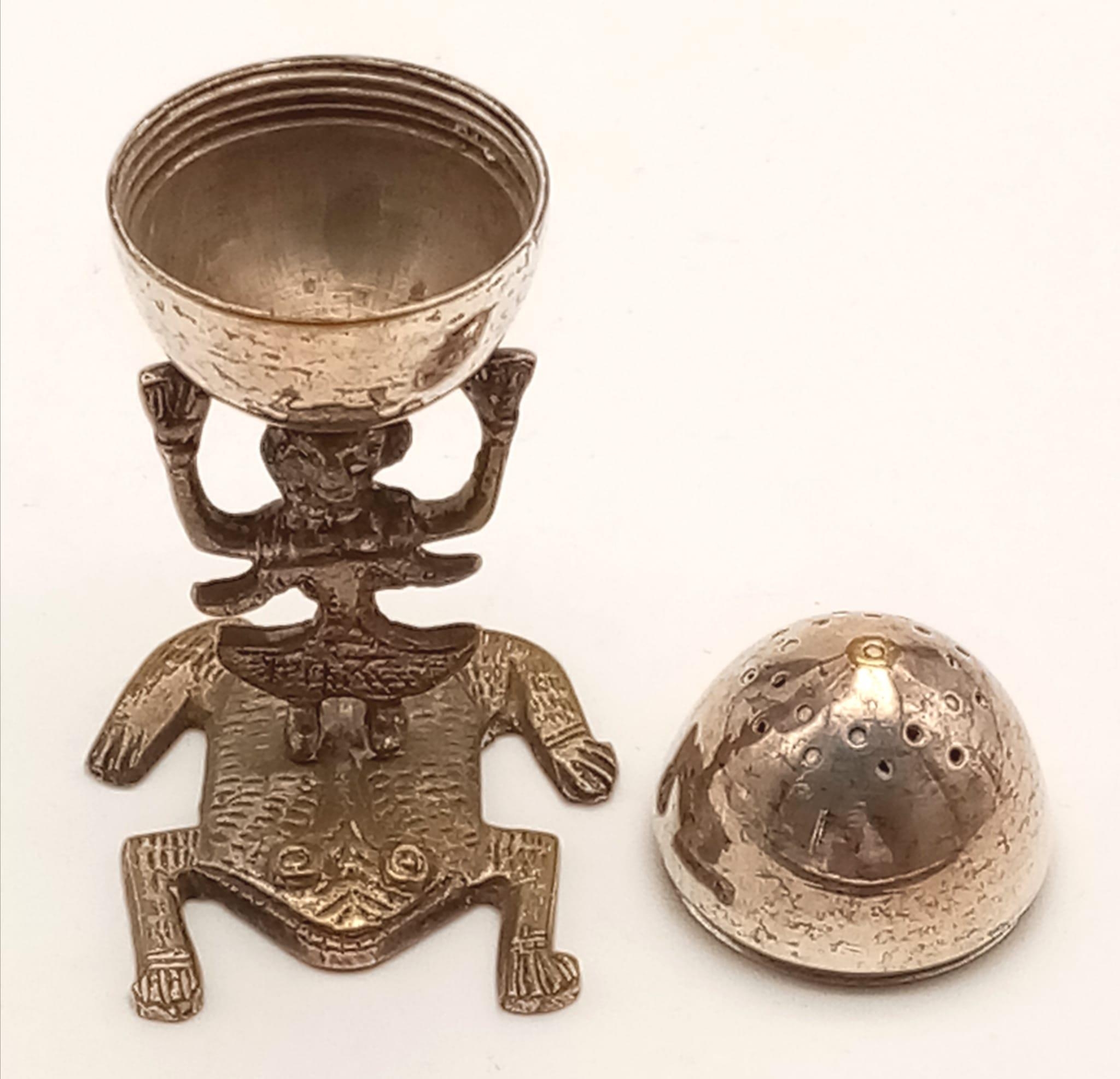 Three Antique Salt or Pepper Pots. One has a glass body. One is Peruvian, with a God and Frog - Image 3 of 10