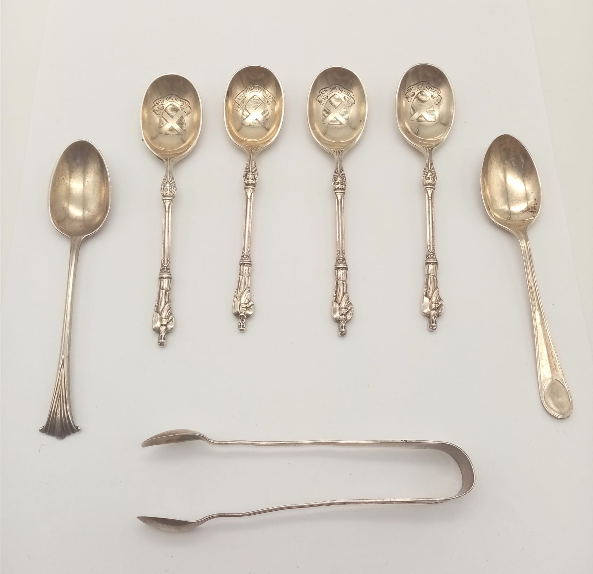 An Antique Mixed Solid Silver Teaspoons Lot. Four with a religious symbol handle. Sugar nips also - Image 2 of 12