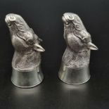 A Vintage Pair of Solid Silver Horse-Head Salt and Pepper Shakers. 7cm tall. 137g total weight.