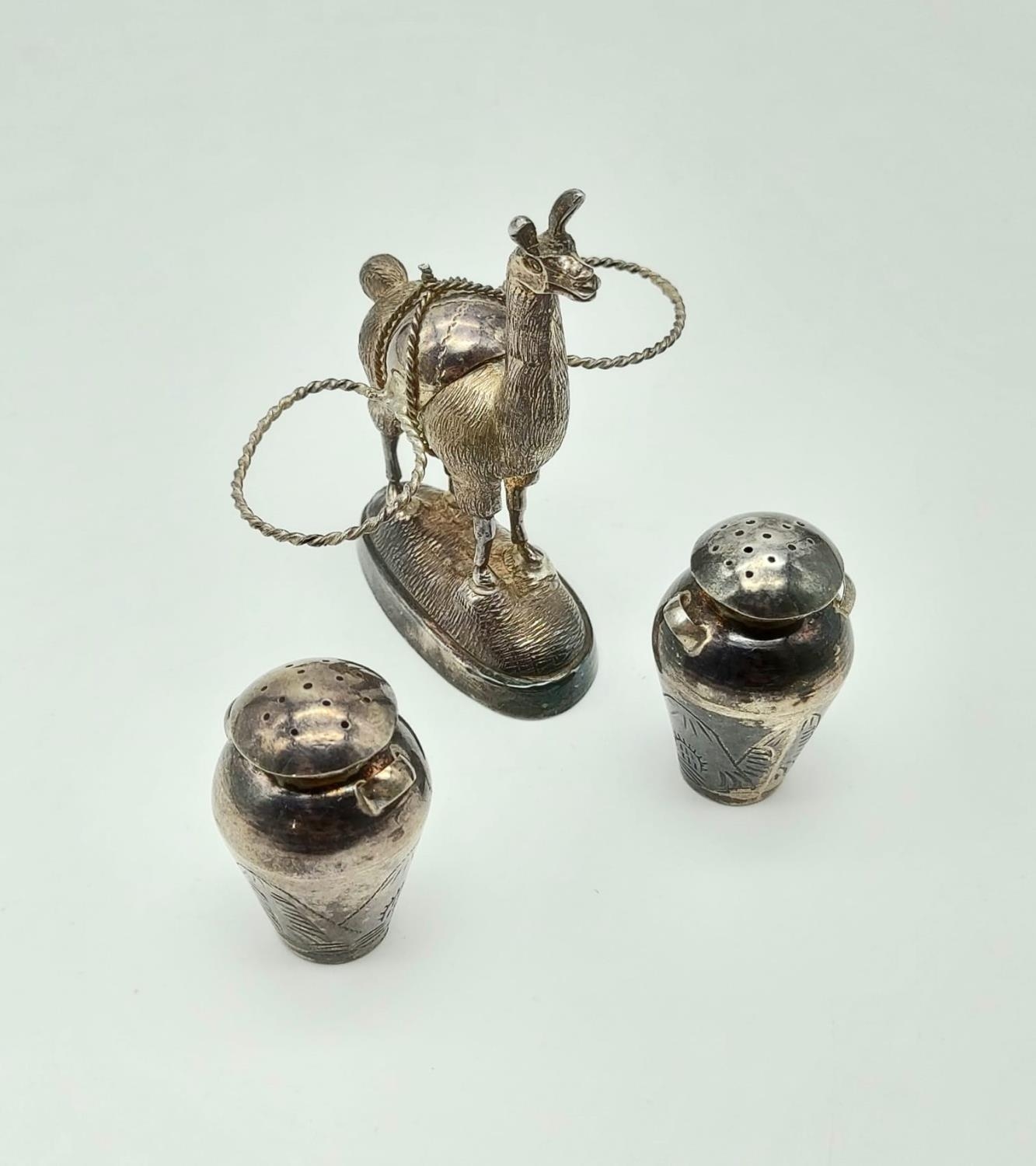 An Antique Peruvian Novelty Cruet Salt and Pepper Set Housed on a Llamas Back. Hallmarked silver - - Image 3 of 15