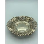 Antique silver bonbon dish having intricate filigree work to sides with clear Hallmark for Morris