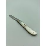 Antique SILVER FRUIT KNIFE having mother of pearl Serpentine handle with clear hallmark for Harrison