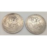 Two George III Silver Crown Coins. Please see photos for conditions. 54.8g total weight.