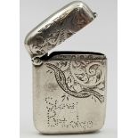 An Antique Silver Vesta Case. Hallmarks for Birmingham 1886. Rose and Brough makers mark. Hinge