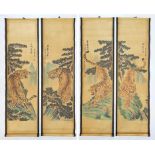 Four magnificent, vintage, Chinese, tiger scrolls. Hand tinted prints on silk, paper, with Chinese