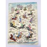 A Persian, detailed painting of a polo game by the well known artist Behzid. Dimensions: 19.5 x 13.5