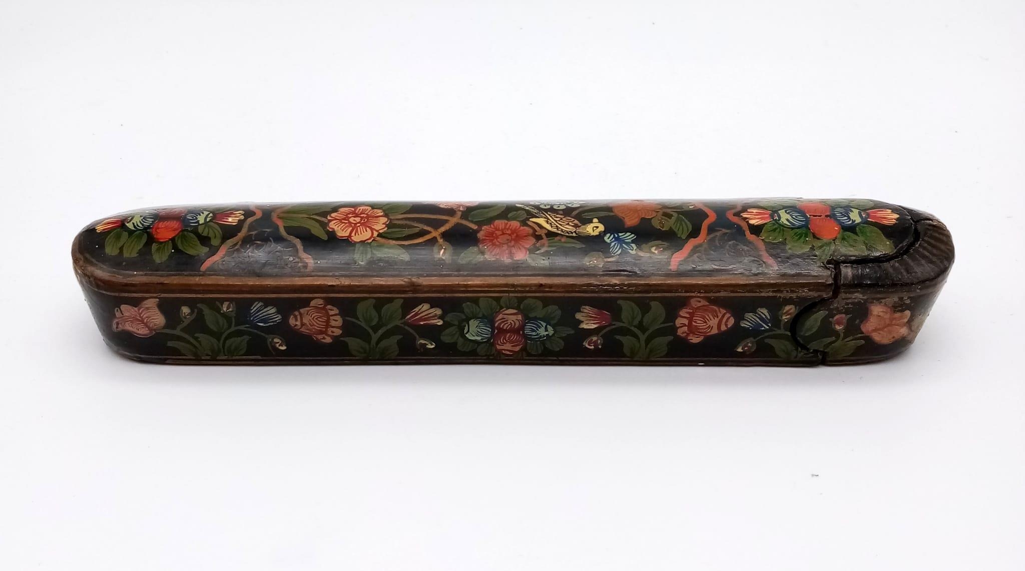 An early Persian Islamic Ghajavi pen box, known as Gol o Bol Boll. Hand painted with flowers and - Image 5 of 7