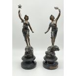 A Pair of Spelter Figures - La Force and Le Pouvoir. 30cm tall. On wooden bases.