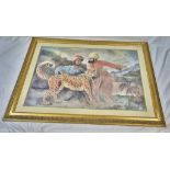 A Maxfield Parrish Print of a Cheetah with Two Indian Servants. Similar to the original George
