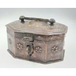 A Mid 1800s Indian Copper Spice Chest. Lid Handle and padlock clasp. Good condition. 20 x 9cm.