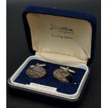 A quality, British, sterling silver, hand engraved pair of cufflinks in original presentation box.