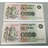 Two One Pound Notes with Consecutive Serial Numbers. 791745 and 46. Uncirculated in a plastic