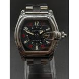 A Cartier Roadster Gents Watch. Stainless steel strap and case - 40 x 37mm. Las Vegas style black