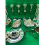 A large collection of English solid silver , 1 full tea set 6 matching candlesticks 1 gravy boat 1