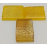 Three Early Persian, Islamic Agate Small Tablets - with Islamic calligraphy. 2.5 x 1.7cm.