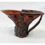 An Antique Chinese Hand-Carved Horn Libation Cup. Ornate decoration. In very good condition. 11 x