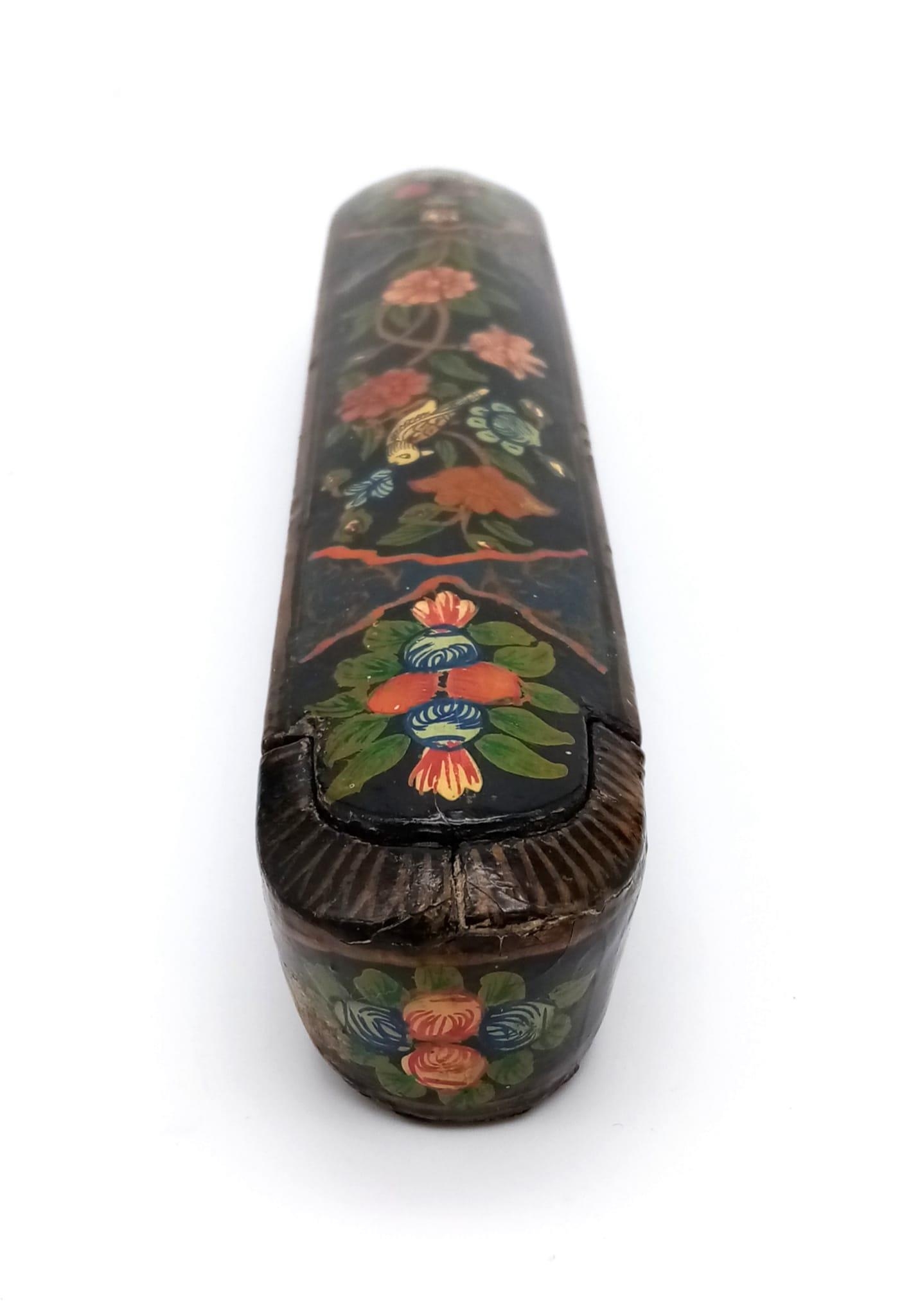 An early Persian Islamic Ghajavi pen box, known as Gol o Bol Boll. Hand painted with flowers and - Image 6 of 7