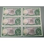 Six One Pound Scottish Notes with Consecutive Serial Numbers. Uncirculated in a plastic wallet.