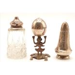 Three Antique Salt or Pepper Pots. One has a glass body. One is Peruvian, with a God and Frog