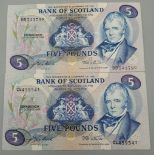 Two Uncirculated 1985 Scottish Five Pound Notes. DD723790 and CL45541. Comes in a plastic wallet.