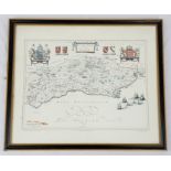 A 1648 Map of Sussex. Antique map print by Bartholomew and son, Edinburgh. In frame - 66 x 56cm.