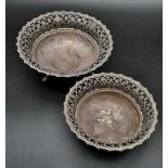 2 ANTIQUE (SHEFFIELD 1911) FOOTED DISHES WITH UPPER PIERCED WORK , FOUND BY A METAL DETECTOR HENCE